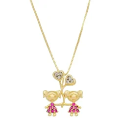 Colar Mãe de Meninas Coração Zircônias Pink Folheado a Ouro 18k