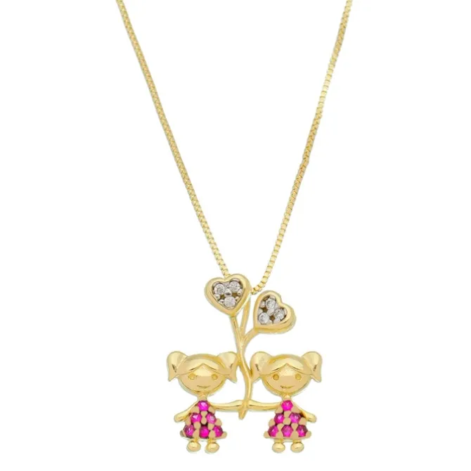 Colar Mãe de Meninas Coração Zircônias Pink Folheado a Ouro 18k