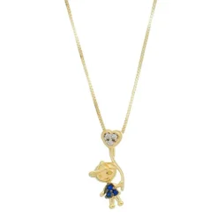 Colar Mãe de Menino Boné Coração Zircônias Safira Folheado a Ouro 18k