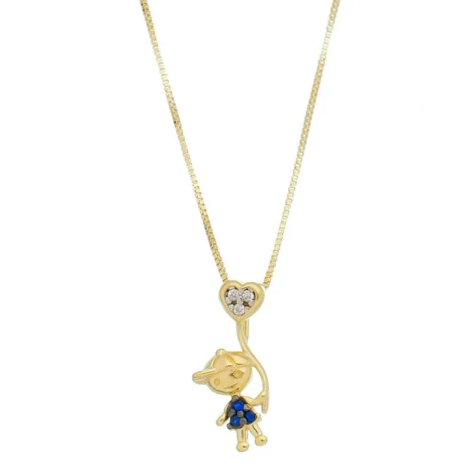 Colar Mãe de Menino Boné Coração Zircônias Safira Folheado a Ouro 18k