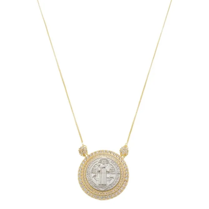 Colar Medalha São Bento Zircônias Folheado a Ouro 18k