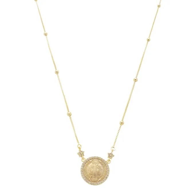 Colar Medalha São Bento Zircônias Folheado a Ouro 18k Piuka