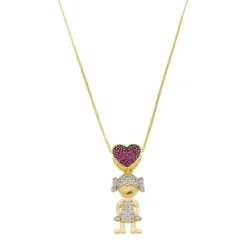 Colar Menina Zircônias Pink e Cristal Folheado a Ouro 18k