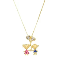 Colar Menino e Menina Coração Zircônias Pink e Safira Folheado a Ouro 18k