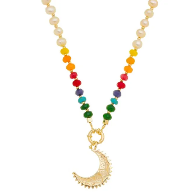 Colar Mia Lua Pérolas de Água Doce Pedras Naturais Multicoloridas Folheado a Ouro 18k