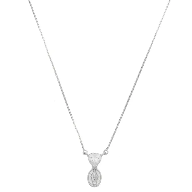 Colar Mini Medalha Nossa Senhora das Graças Coração Zircônia Folheado em Ródio Branco