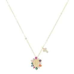 Colar Mini Medalha Nossa Senhora das Graçsa Cruz Zircônias Coloridas Folheado a Ouro 18k