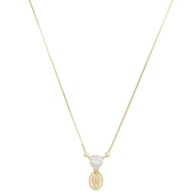 Colar Mini Medalha Nossa Senhora das Graças Coração Zircônia Folheado a Ouro 18k