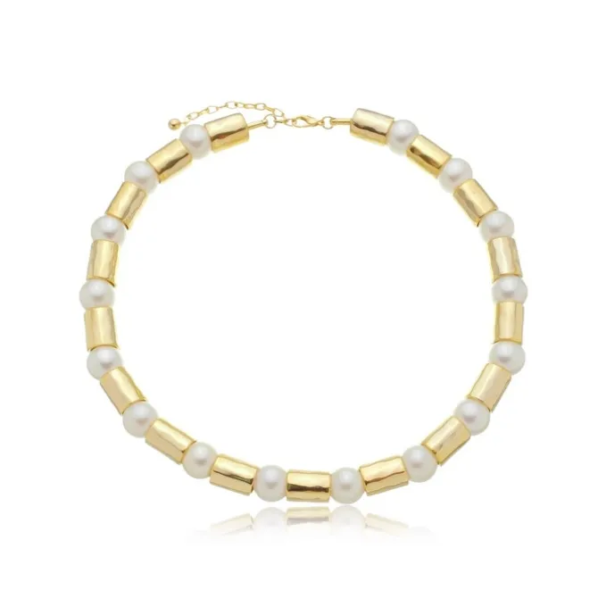 Colar Mirella Tubos e Pérolas Dourado