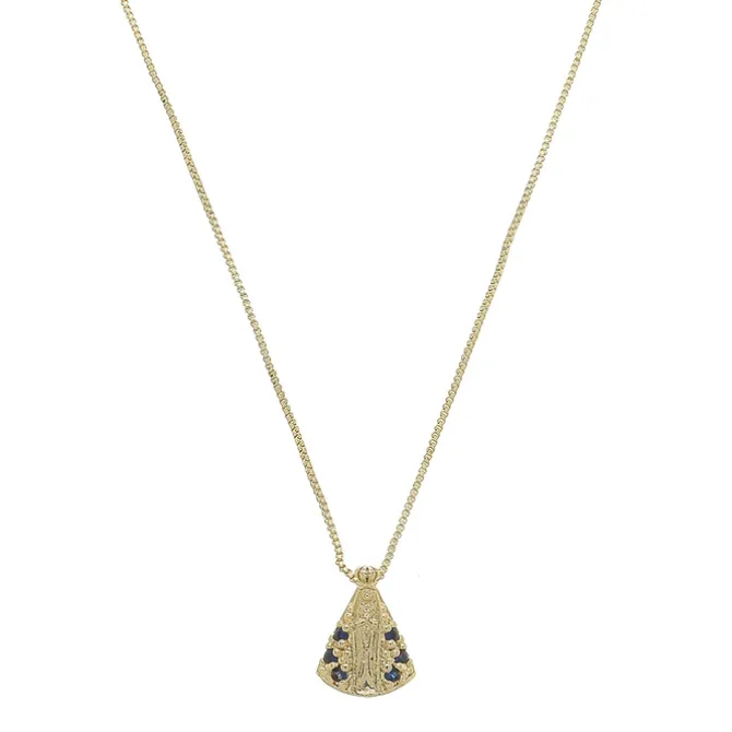 Colar Nossa Senhora Aparecida Mini Zircônias Safira Folheado a Ouro 18k