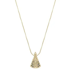 Colar Nossa Senhora Aparecida Pequena Zircônias Safira Folheado a Ouro 18k