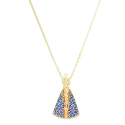 Colar Nossa Senhora Aparecida Manto Zircônia Safira Folheado a Ouro 18k