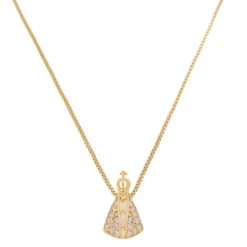 Colar Nossa Senhora Aparecida Pequena Manto Zircônia Cristal Folheado a Ouro 18k