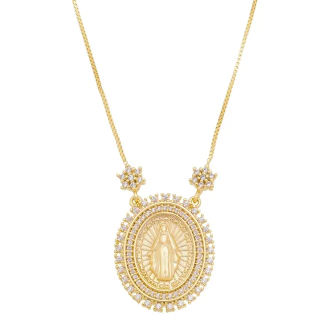 Colar Nossa Senhora das Graças Medalha Oval Zircônias Folheado a Ouro 18k