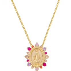 Colar Nossa Senhora das Graças Medalha Milagrosa Zircônias Coloridas Folheado a Ouro 18k