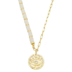 Colar Olho Grego Alice Medalha Pedras Branca Elos Folheada a Ouro 18k
