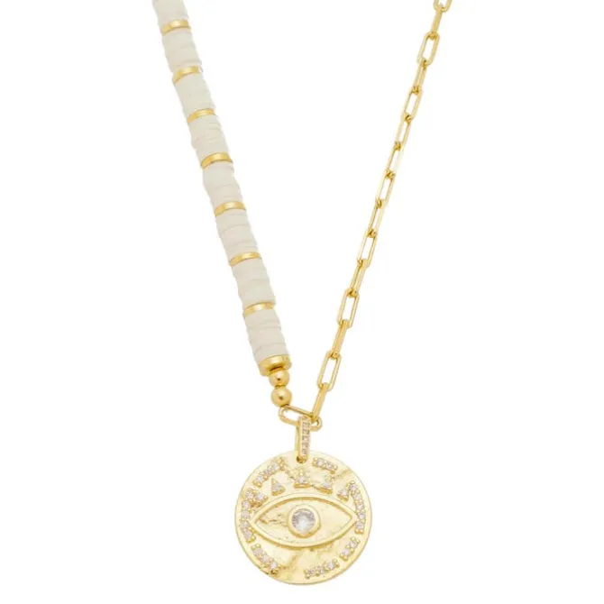Colar Olho Grego Alice Medalha Pedras Branca Elos Folheada a Ouro 18k