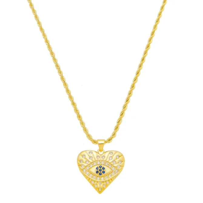 Colar Olho Grego Coração Zircônias Safira Amara Folheado a Ouro 18k