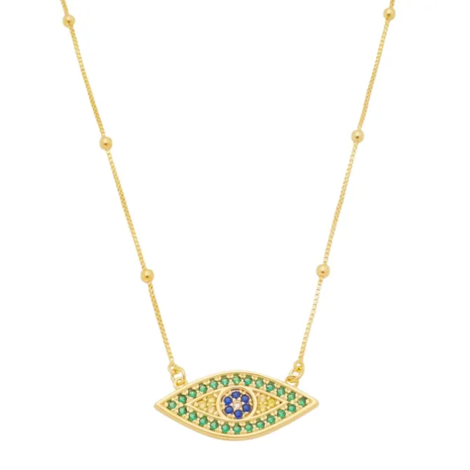 Colar Piuka Olho Grego Bandeira do Brasil Zircônias Esmeralda Folheado a Ouro 18k