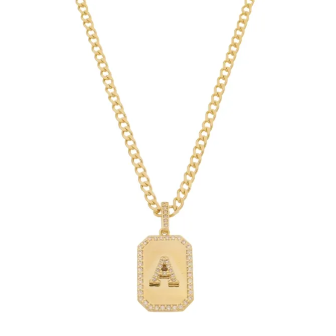 Colar Placa Vintage Letra Inicial Zircônias Folheado a Ouro 18k