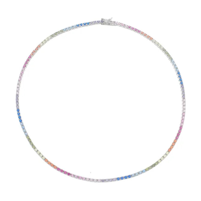 Colar Riviera Celine 38 cm Zicônias Coloridas Prata 925 Banhado em Ródio Branco