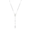 Colar Terço Maria Mini Perólas Folheado em Ródio Branco
