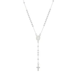 Colar Terço Maria Mini Perólas Folheado em Ródio Branco