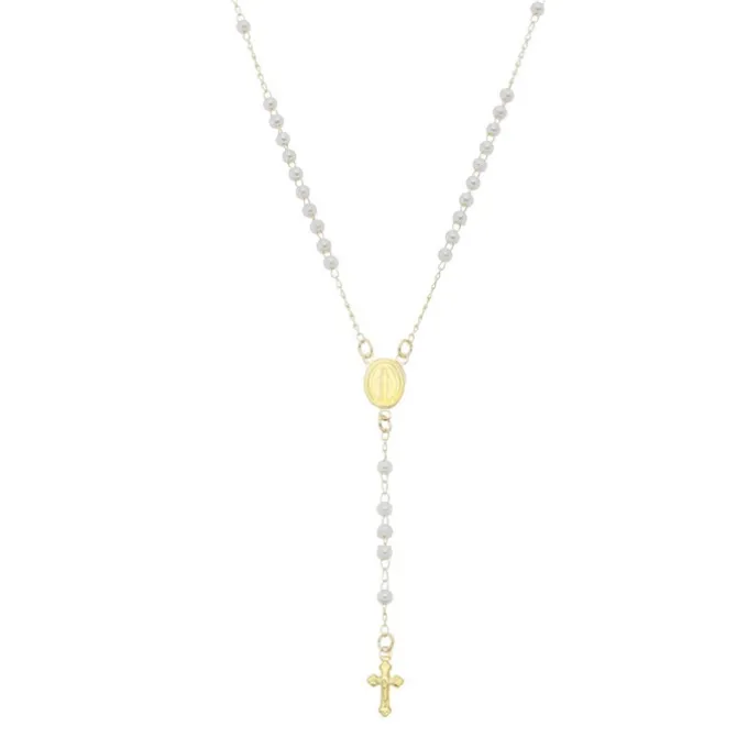 Colar Terço Maria Mini Perólas Folheado a Ouro 18k