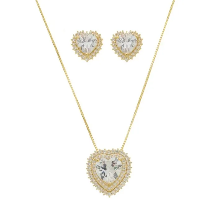 Conjunto Colar e Brinco Coração Lizzy Zircônias Folheado a Ouro 18k