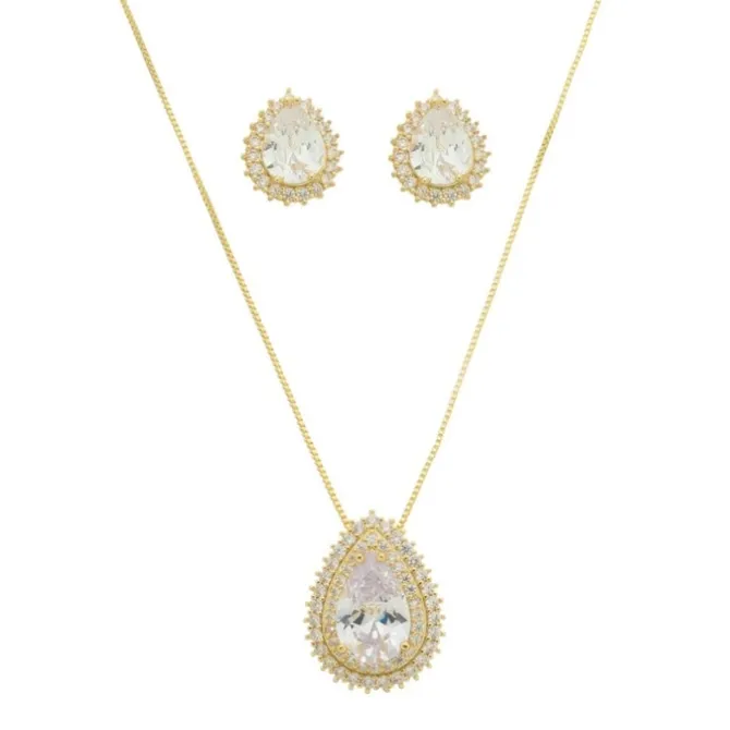 Conjunto Colar e Brinco Gota Lizzy Zircônias Folheado a Ouro 18k