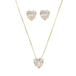 Conjunto Colar e Brinco Lelê Coração Zircônia Folheado a Ouro 18k