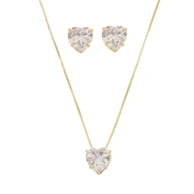Conjunto Colar e Brinco Lelê Coração Zircônia Folheado a Ouro 18k