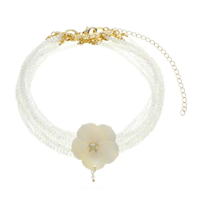 Gargantilha Jaque Flor Madrepérola Zircônia Cristais Opaline Folheada a Ouro 18k