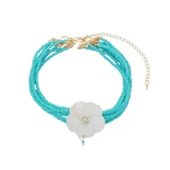 Gargantilha Jaque Flor Madrepérola Zircônia Cristais Turquesa Folheada a Ouro 18k