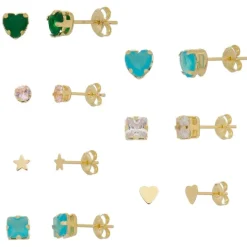 Kit 7 Brincos Semaninha Bibi Símbolos e Zircônia Colorida Folheado a Ouro 18k