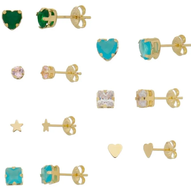 Kit 7 Brincos Semaninha Bibi Símbolos e Zircônia Colorida Folheado a Ouro 18k