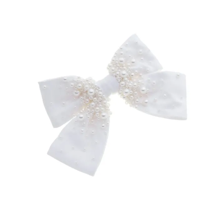 Laço de Cabelo Isadora Crepe Acetinado Branco Bordado de Pérolas