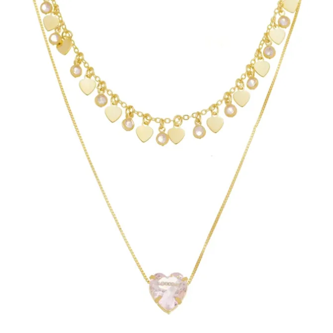 Mix de Colares Amor Hcc Coração Zircônias Folheado a Ouro 18k