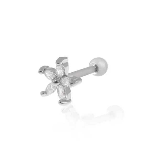 Piercing de Furo Piuka Haste 6mm Flor Navete Zircônia Prata