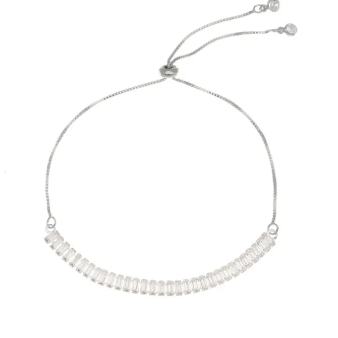 Pulseira Ajustável Folheada em Ródio Branco Taylor Pequena Zircônias Baguete Cristal