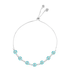 Pulseira Ajustável Folheada em Ródio Branco Grécia Olho Grego Pequeno
