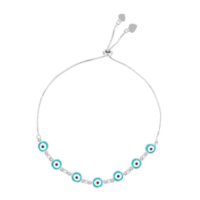 Pulseira Ajustável Folheada em Ródio Branco Grécia Olho Grego Pequeno