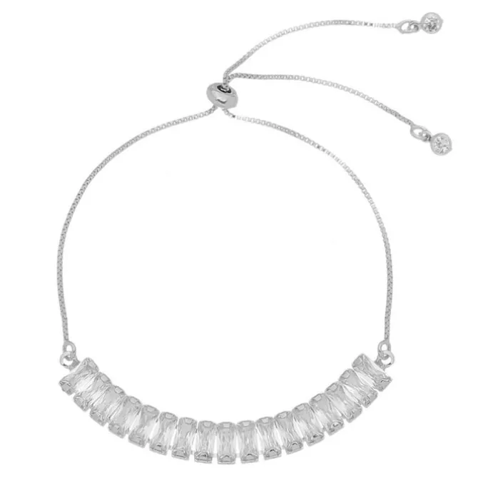 Pulseira Ajustável Folheada em Ródio Branco Taylor Média Zircônia Baguete Cristal