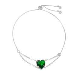 Pulseira Ajustável Folheada em Ródio Branco Coração Zircônias Esmeralda Breila