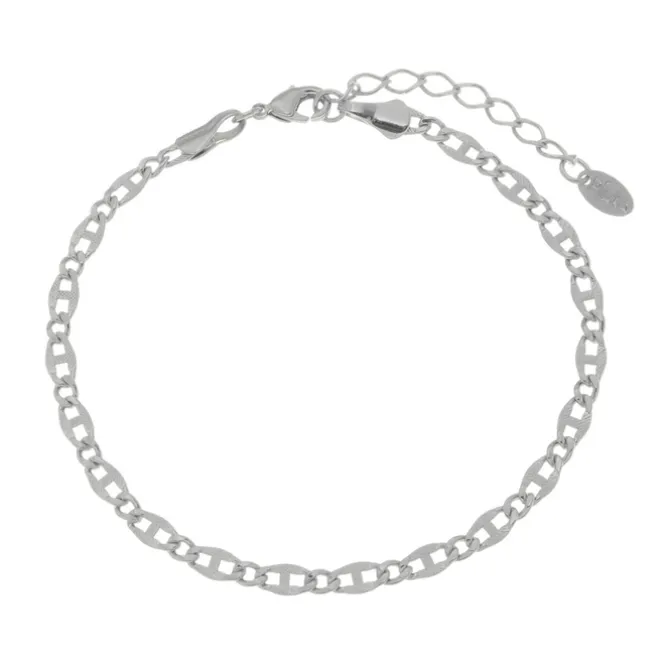 Pulseira Feminina Corrente Elos Trabalhada Folheada em Ródio Branco Lu