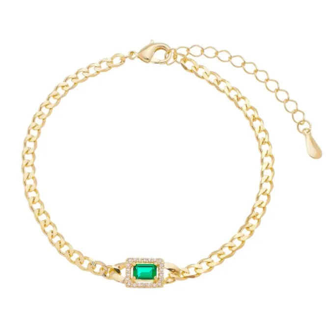 Pulseira Folheada a Ouro 18k Elos Groumet Zircônias Cristais e Esmeralda Letizia