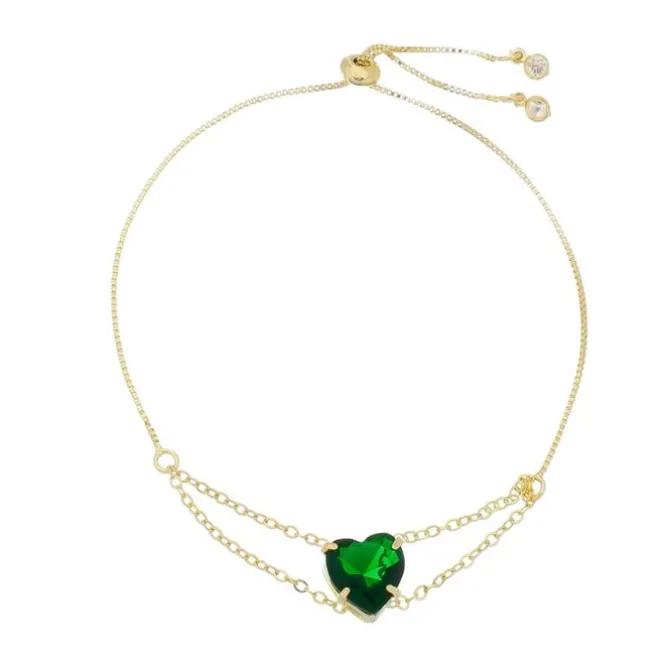 Pulseira Folheada a Ouro 18k Ajustável Coração Zircônias Esmeralda Breila