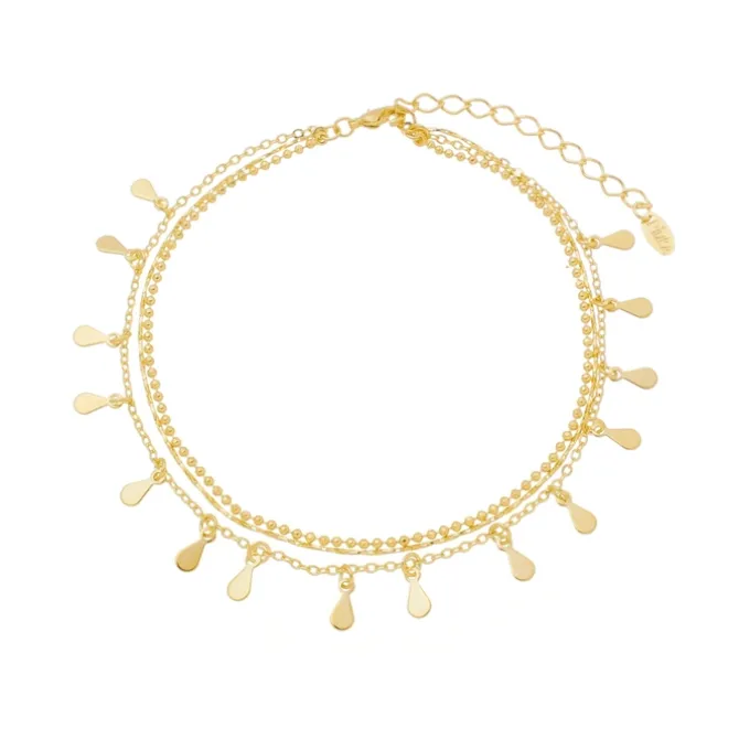 Tornozeleira Piuka 3 Correntes Antonella Mini Gotas Folheada a Ouro 18k