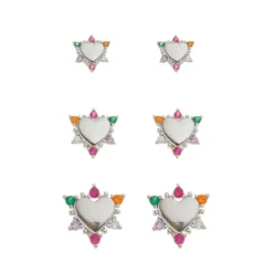 Trio de Brinco Anne Coração Zircônias Coloridas Folheado em Ródio Branco