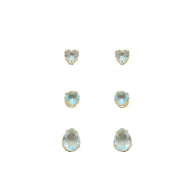 Trio de Brinco Princess Zircônias Acqua Folheado a Ouro 18k